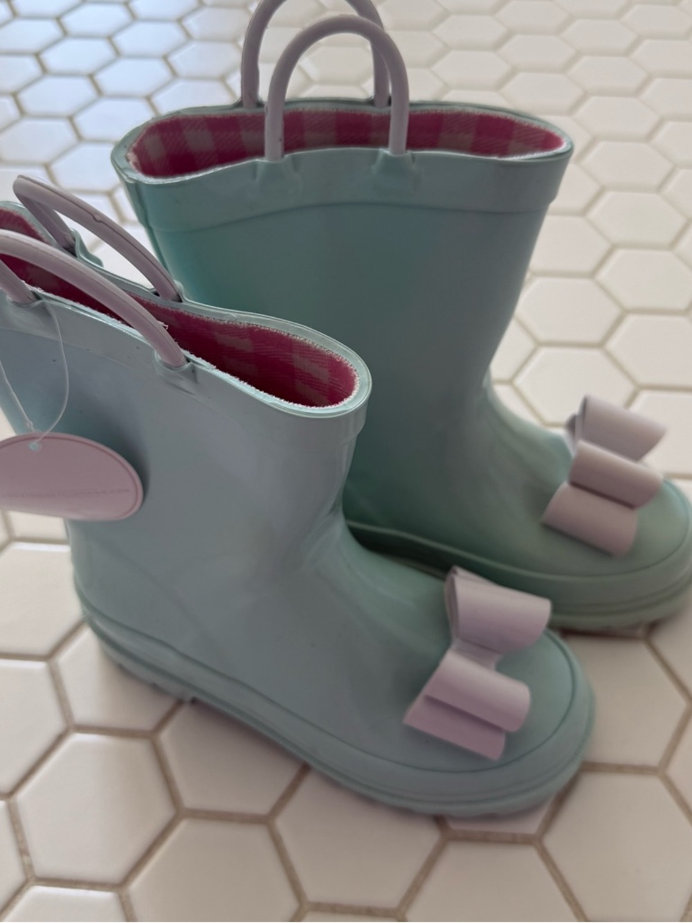 Mint Green Kids Rain Boots with grey Bows